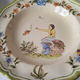 Soup plates with Moustiers de Longchamp decor, AL. Mark signature, 80s