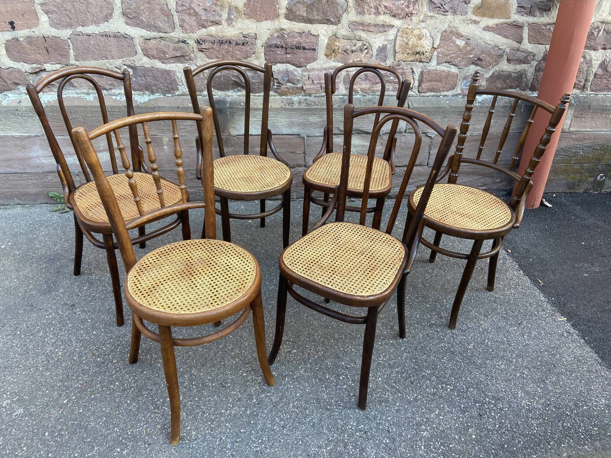 Set of 6 mismatched Viennese bistro restaurant chairs from the 1920s