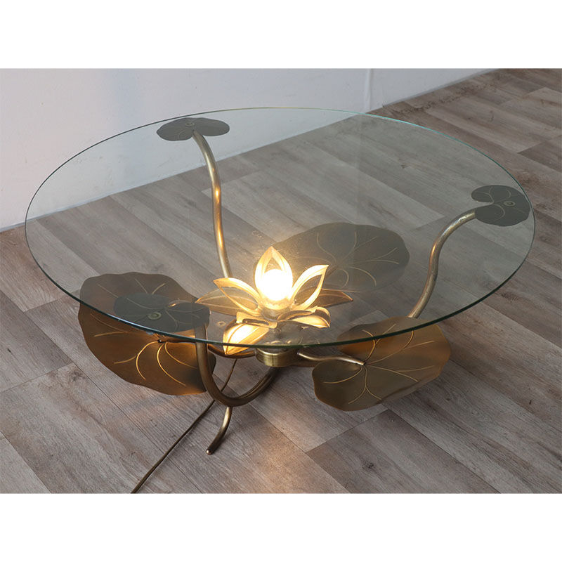 Illuminated vintage coffee table decorated with brass water lilies 1970