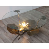 Illuminated vintage coffee table decorated with brass water lilies 1970