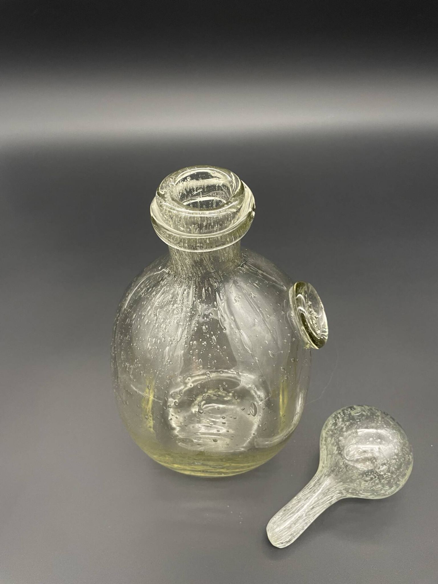Vintage carafe from Verrerie de Biot in bubble glass with a round stopper.