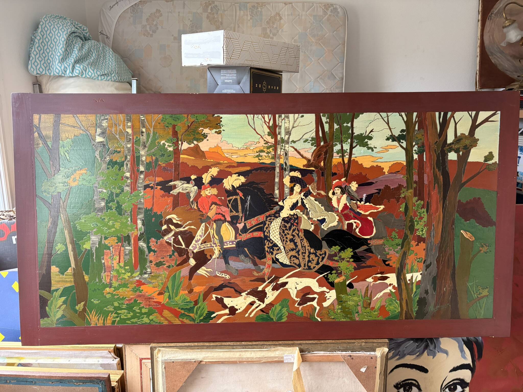 Table Painting Wood Carving Hunting Scene Dog Signed 130x70