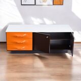 Meuble TV DF-2000 en marron, orange et blanc de Raymond Loewy.