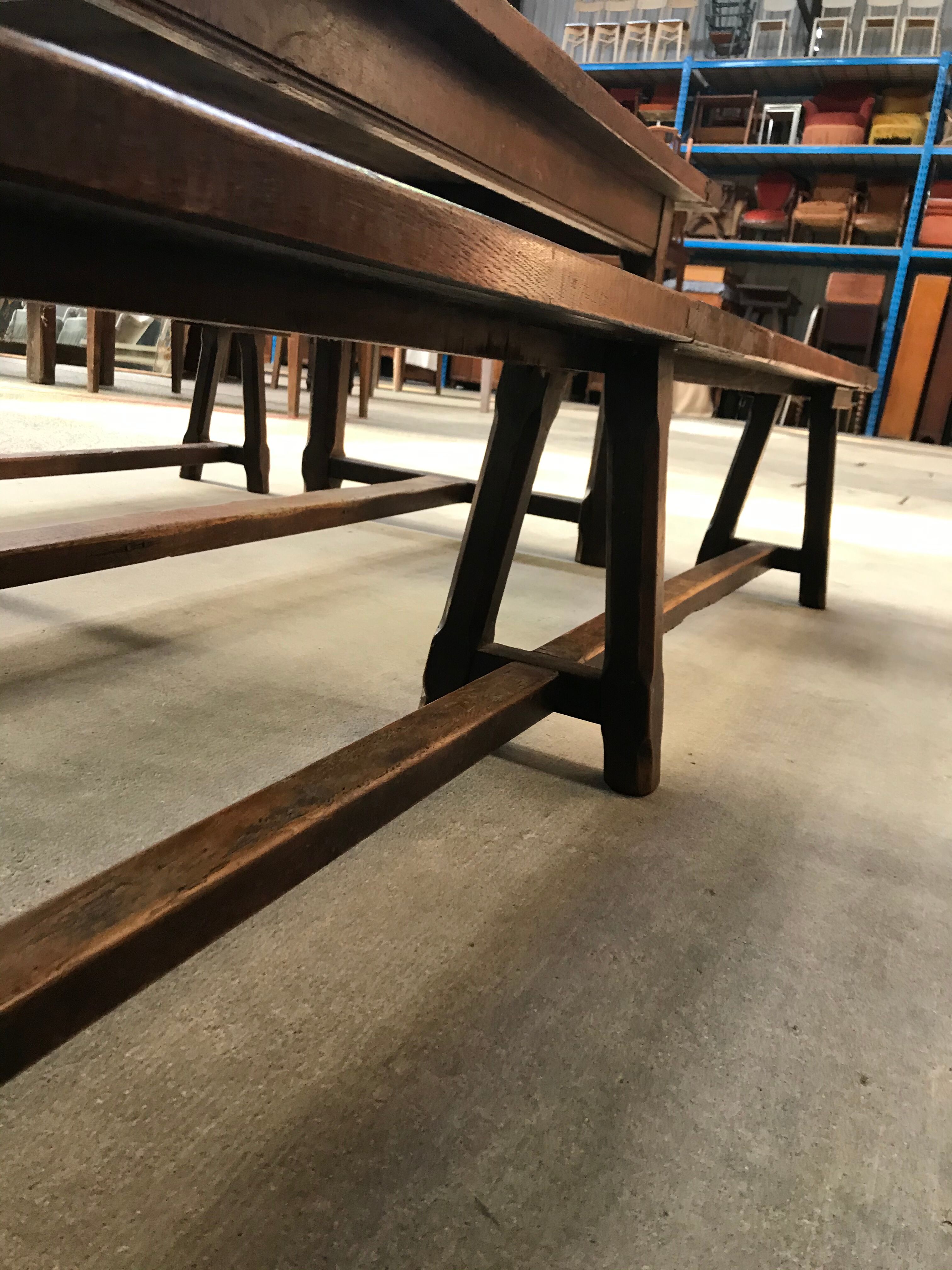 Farm table and two oak benches 19th