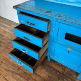 Wooden commercial workshop furniture with 4 drawers and 2 hinged doors - original patina