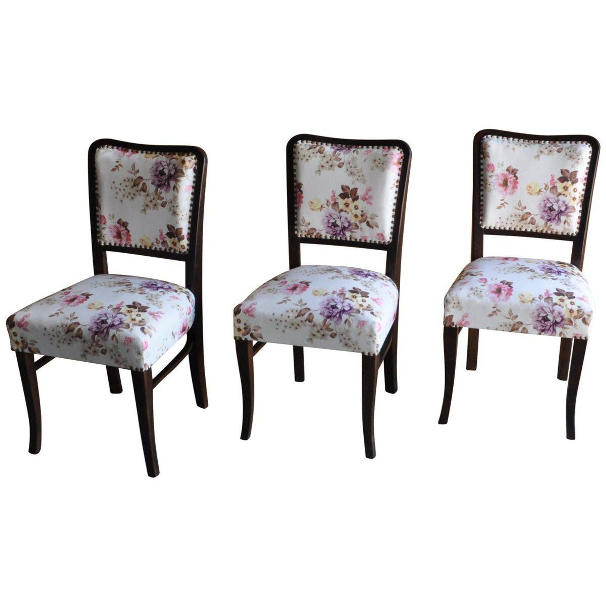 Set of 3 Art Deco chairs in multicoloured velvet with a dark wood frame — 1930s