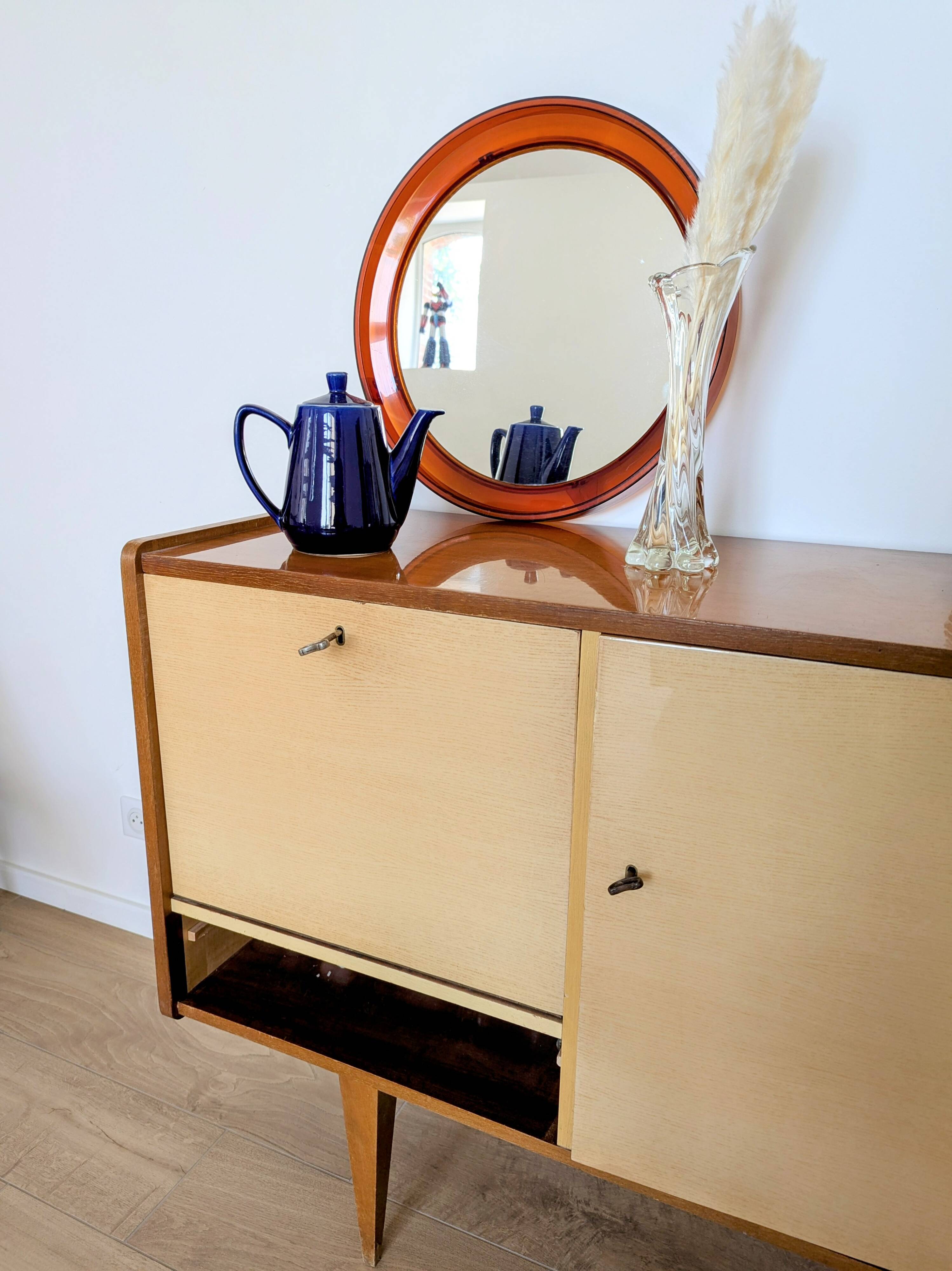 Vintage round orange plexiglass mirror Space Age 1970s