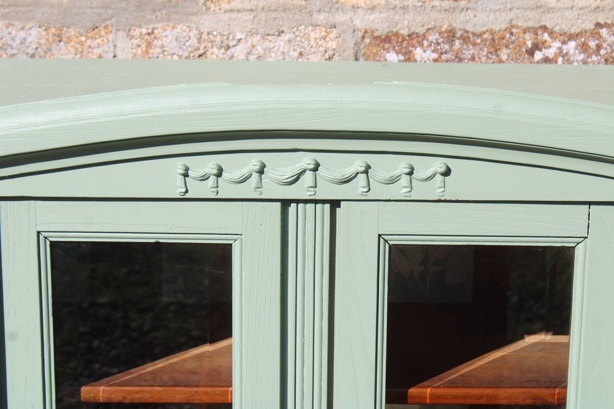 Renovated vintage sage green enfilade – wooden legs & bevelled display cabinets