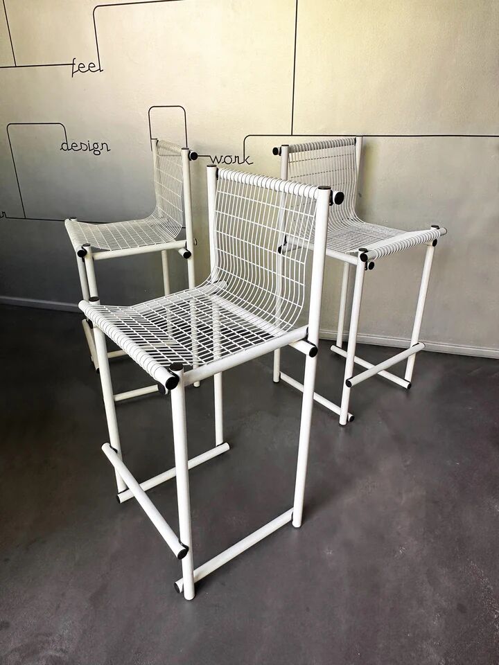 Set de 3 tabourets de comptoir modernistes italiens, acier laqué blanc 1970