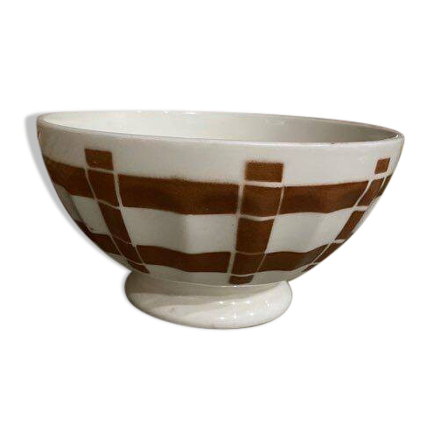 Antique bowl with burgundy and white checks