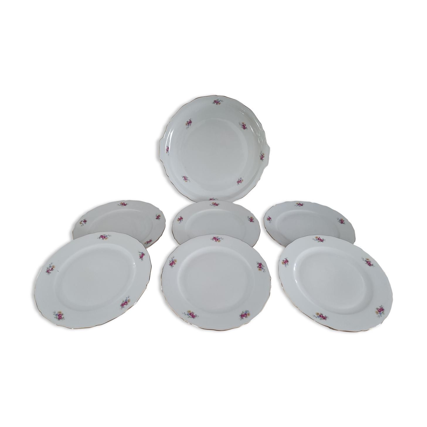 Dessert service 6 people 7 pieces porcelain Bavaria white decoration roses field flowers