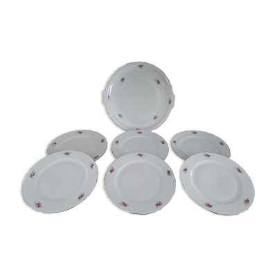 Service à dessert 6 personnes 7 pièces en porcelaine bavaria blanche décor roses fleurs des champs