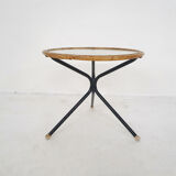 Rohe Noordwolde round glass and rattan side table, The Netherlands 1950's