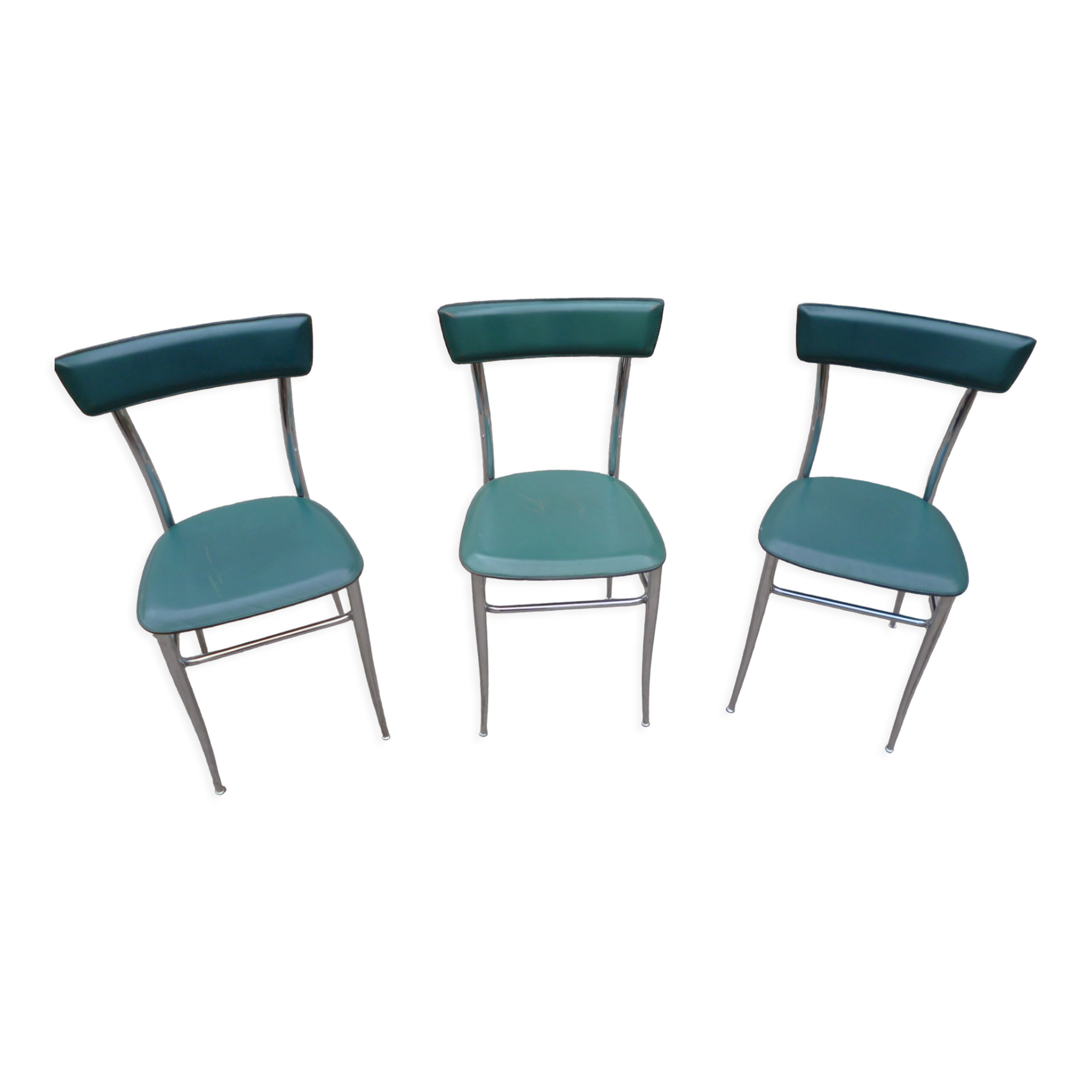 3 chaises chromé et cuir vert