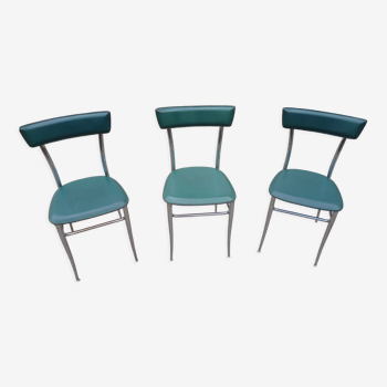 3 chaises chromé et cuir vert