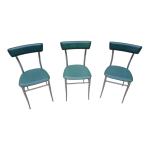 3 chaises chromé et - cuir vert