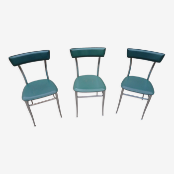 3 chrome and green leather chairs