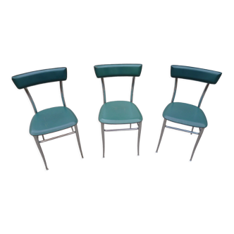 3 chrome and green leather chairs