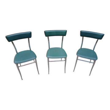 3 chrome and green leather chairs