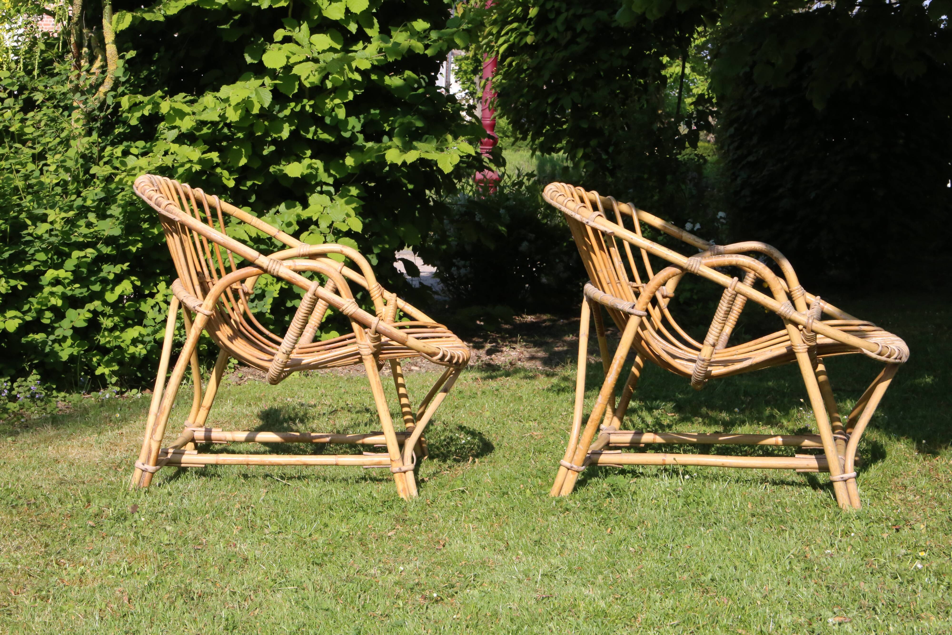 Pair of rattan basket armchairs, 60s