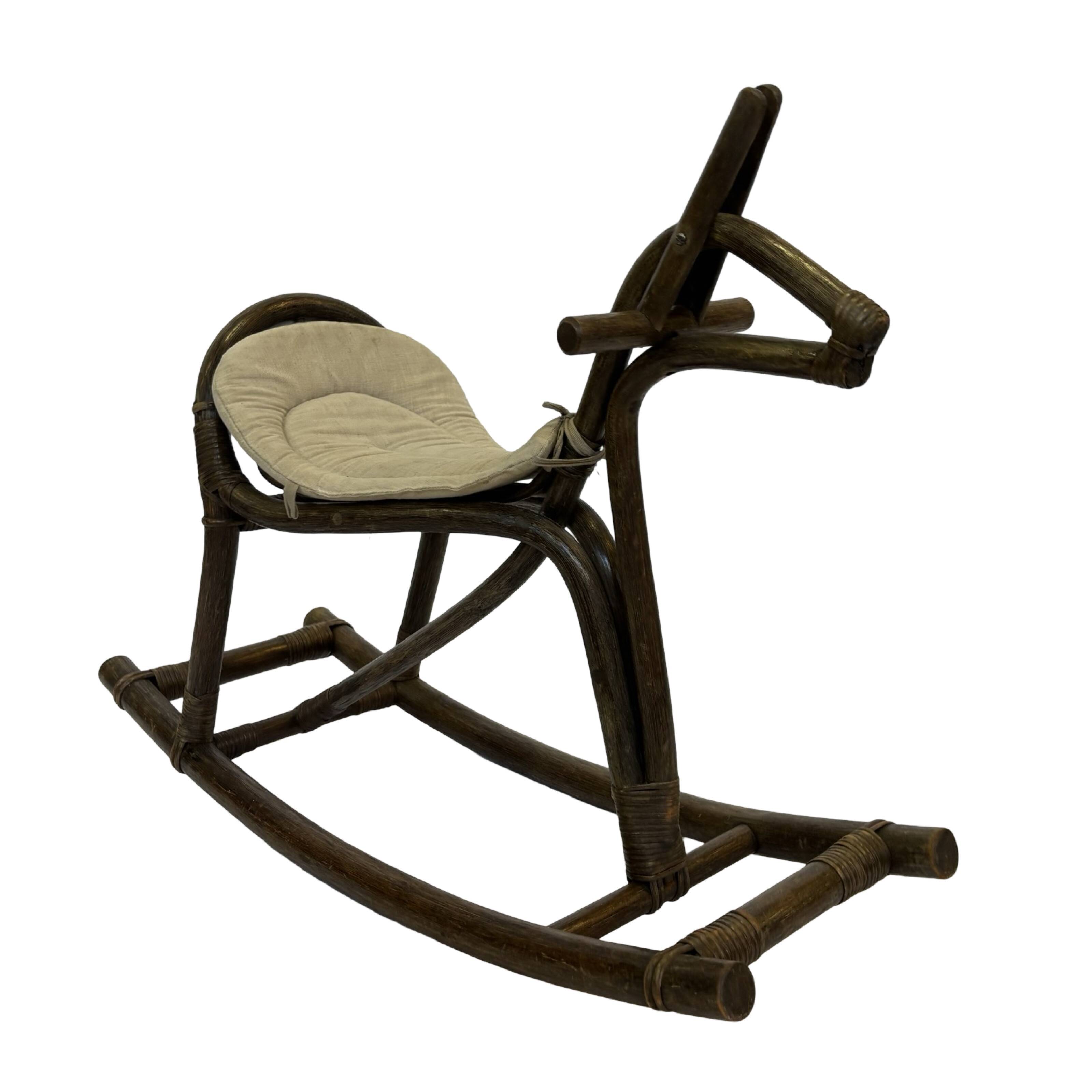 Midcentury bamboo rattan rocking horse 60's design children