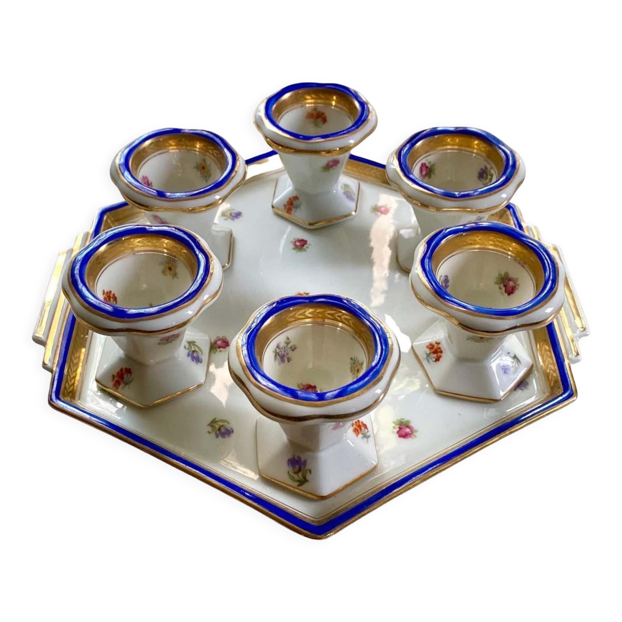 Blue and gold sweet egg set in Limoges porcelain, France, 1928