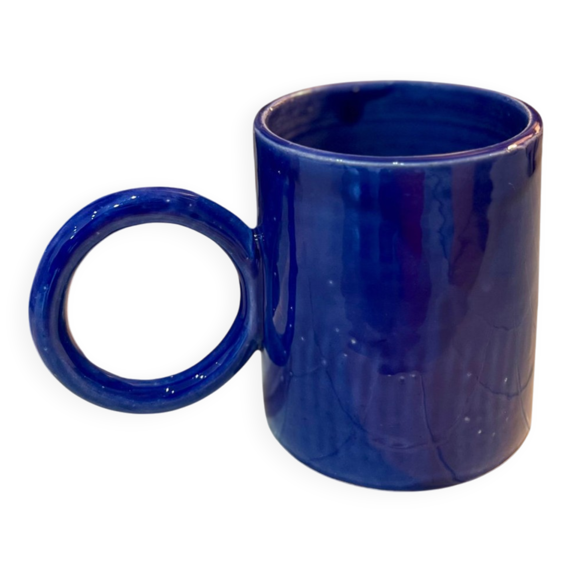 Majorelle blue ceramic mug, handmade, donut handle design.