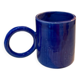 Majorelle blue ceramic mug, handmade, donut handle design.