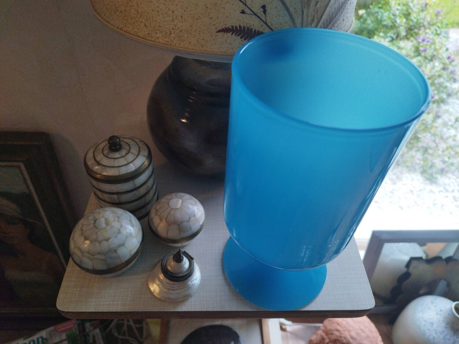 Blue vase on opaline pedestal