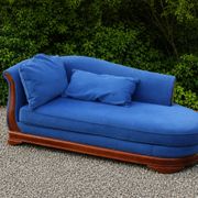Large vintage cobalt blue chaise longue in fabric and wood – long chair 190