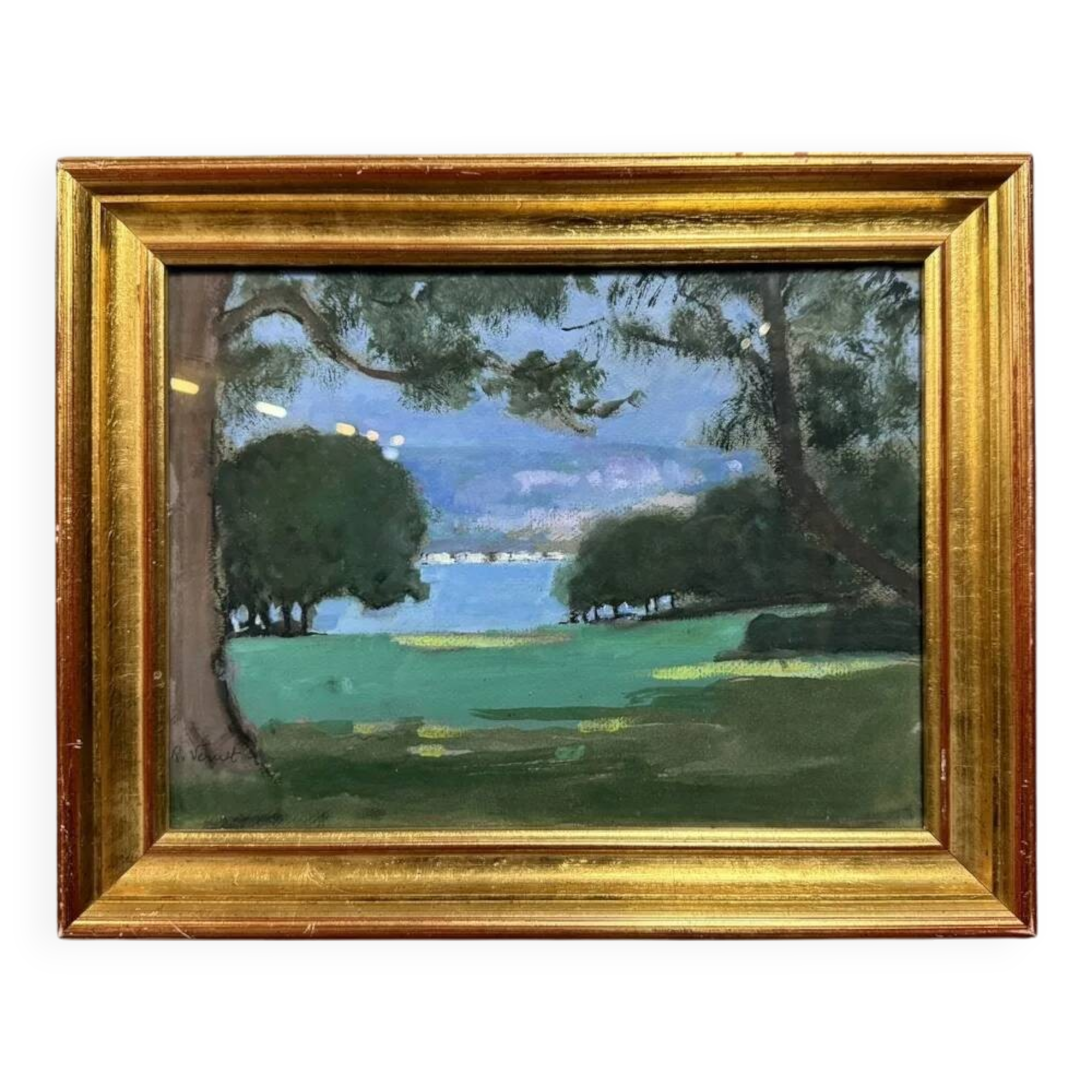 Oil painting on panel by Rivernet: view of a lake