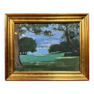 Oil painting on panel by Rivernet: view of a lake
