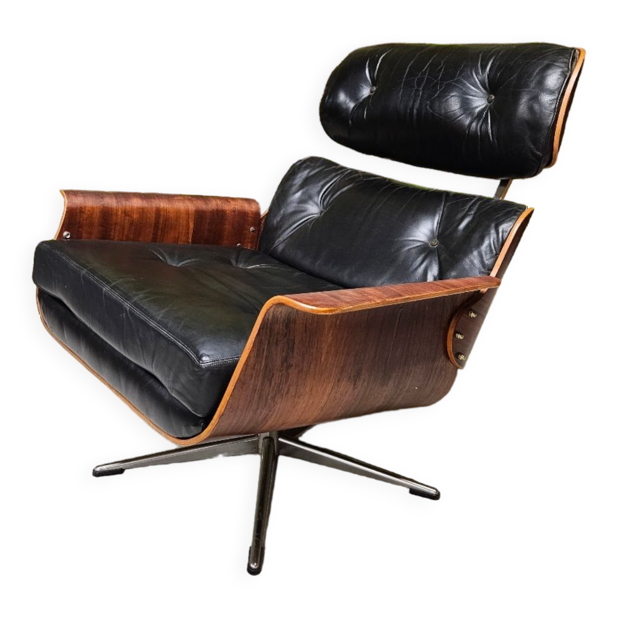 Fauteuil lounge cuir noir 1970 vintage