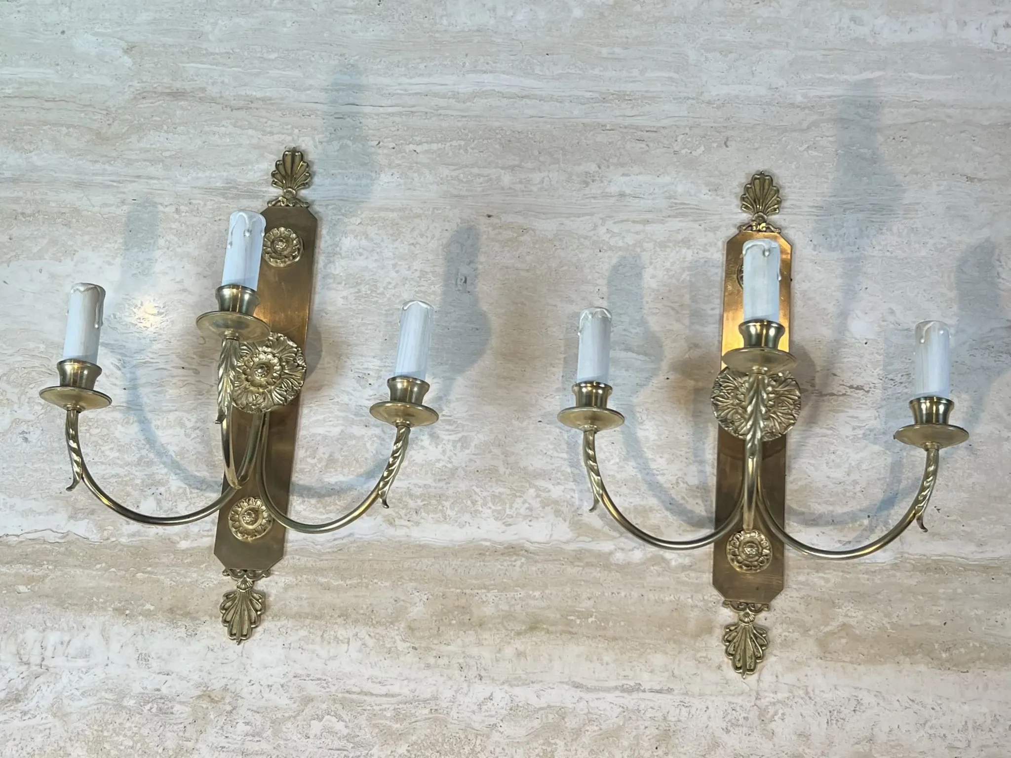 Pair of Neoclassical Wall Lights with Three Arms in Brass with Decoration