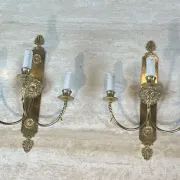 Pair of Neoclassical Wall Lights with Three Arms in Brass with Decoration