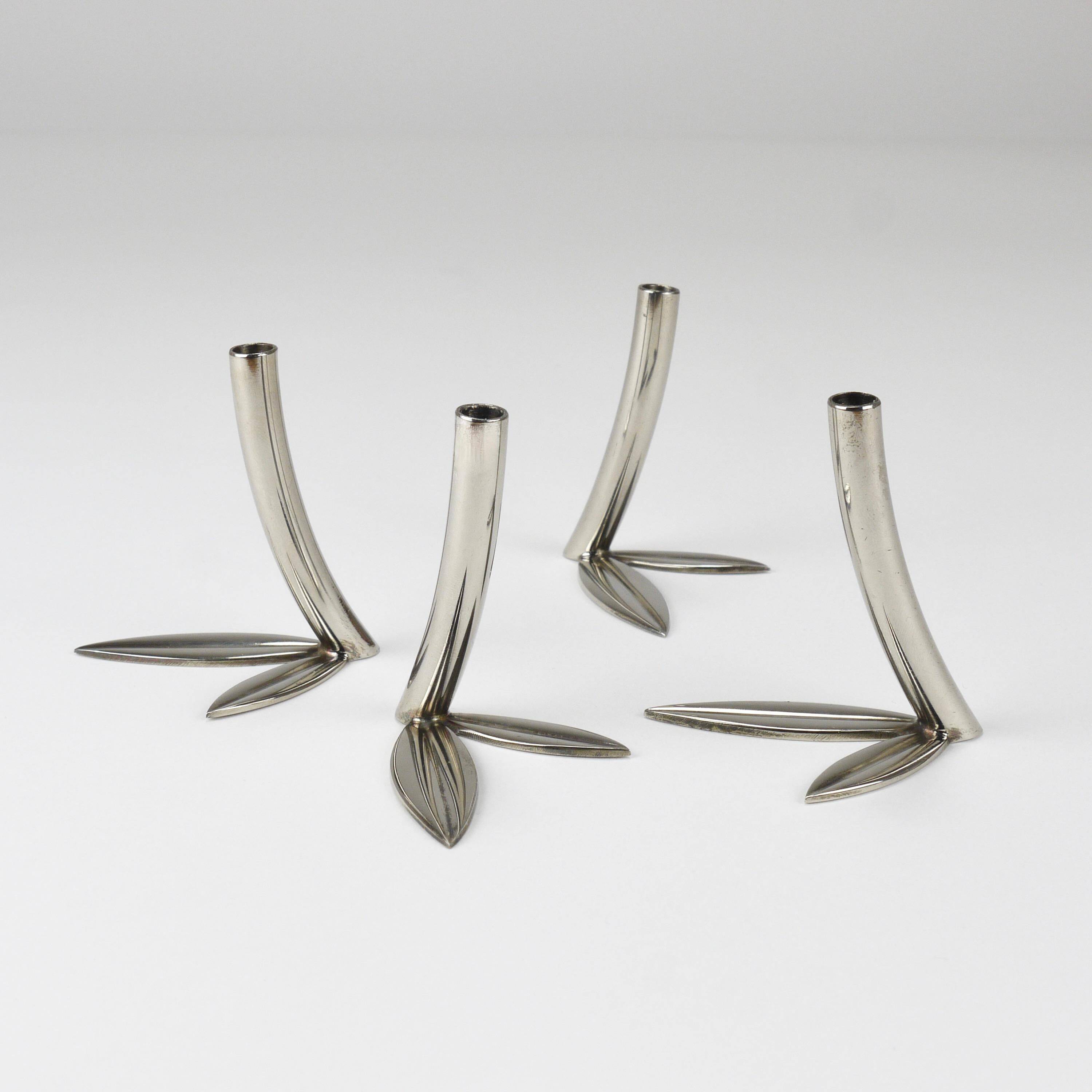 Werkstätte Hagenauer Up to 6 Soliflore Vases Leaf, Brass & Nickel, Vienna, 1960s