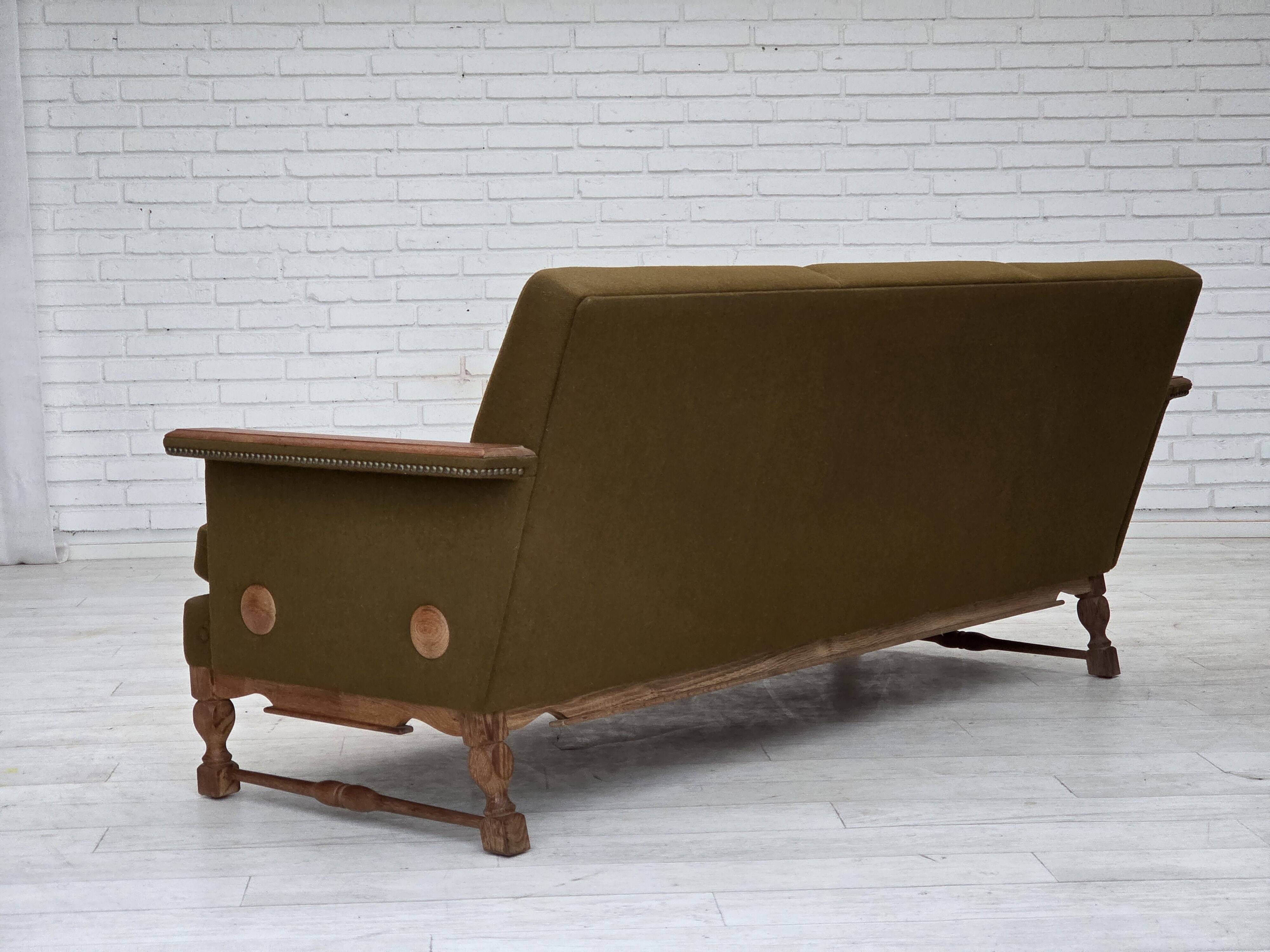 1970s, Danish 3-seater sofa, furniture wool, solid oak wood.