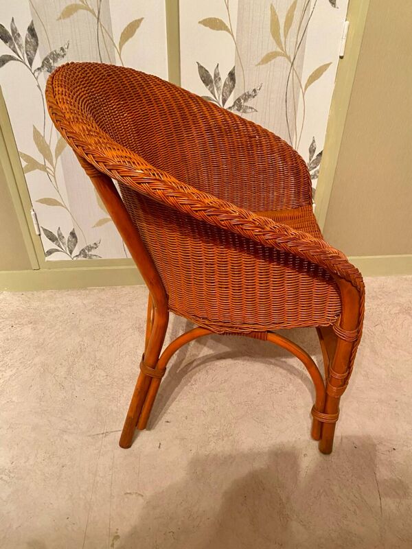 Fauteuil ''Tonneau'' Vintage en Osier Tressé - Années 70