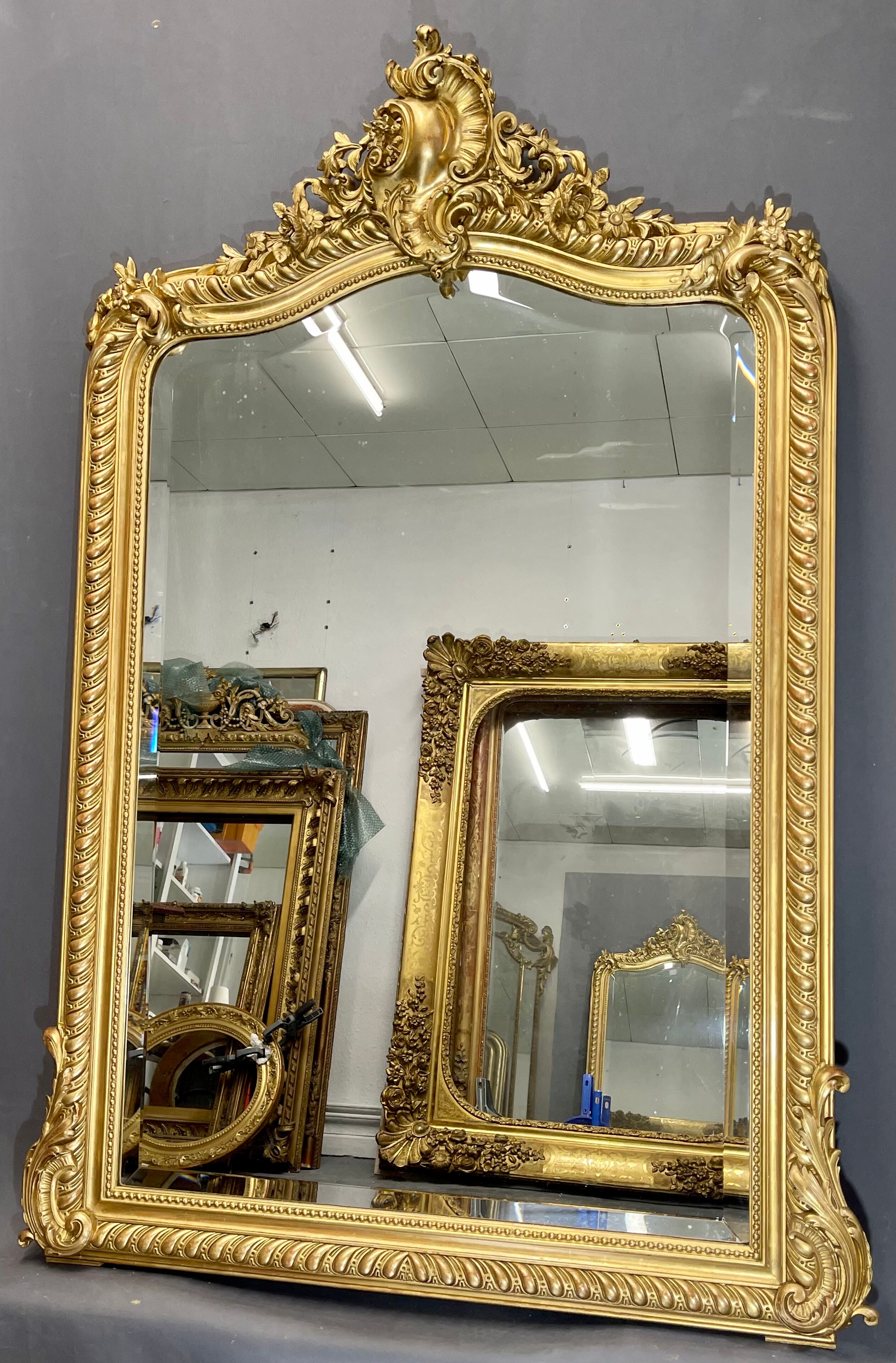 Miroir 156x106 ancien XIXè,dorure à la feuille d’or