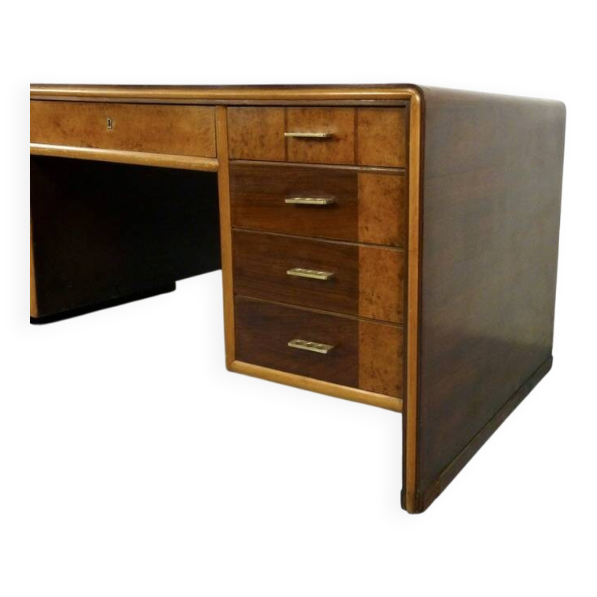 Italian Art Deco Desk In Dark Walnut And Brass.