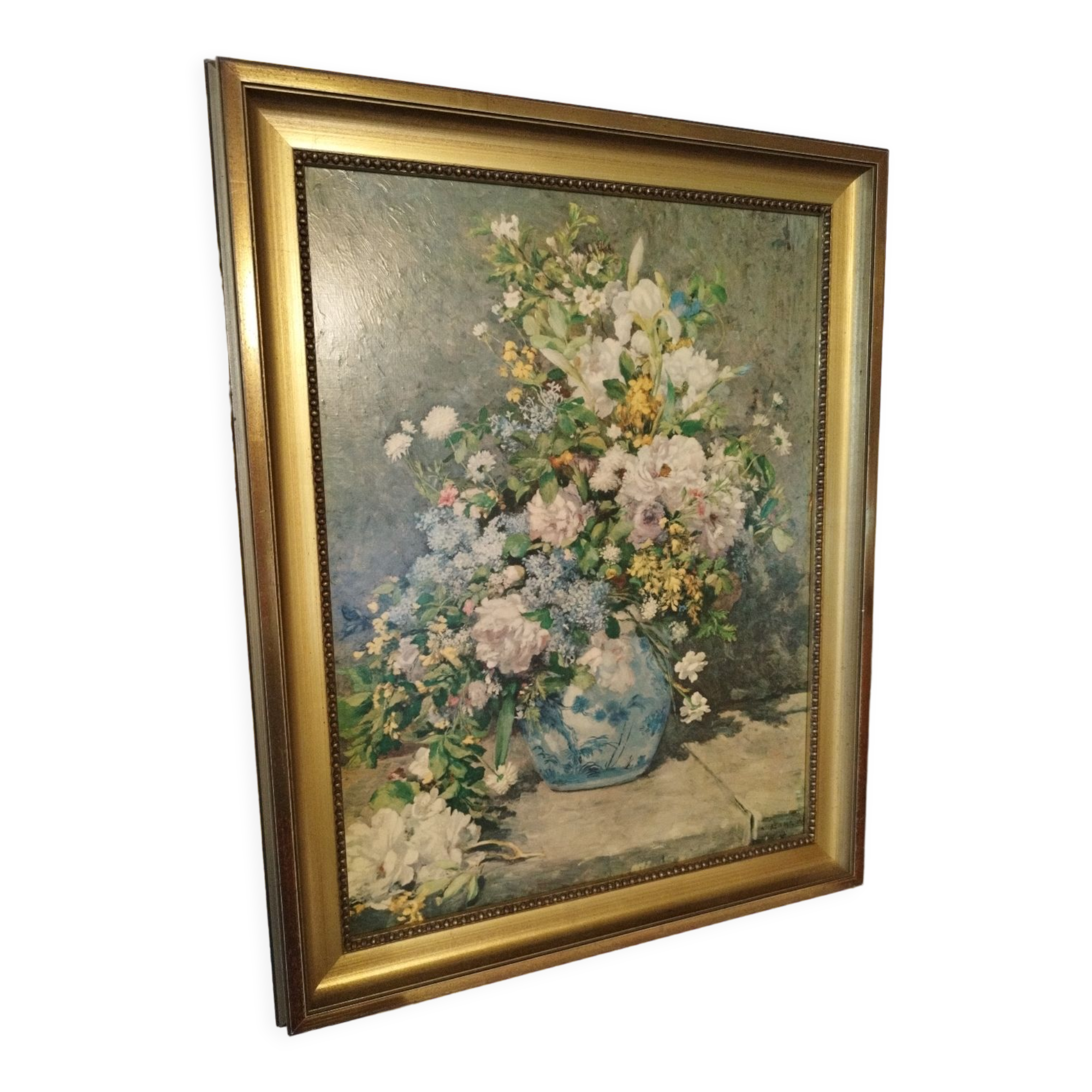 Cadre En Bois Doré Avec Canevas Brodé 'Bouquet De Marguerites' - Réalisé Et Encadré - Occasion Bon état