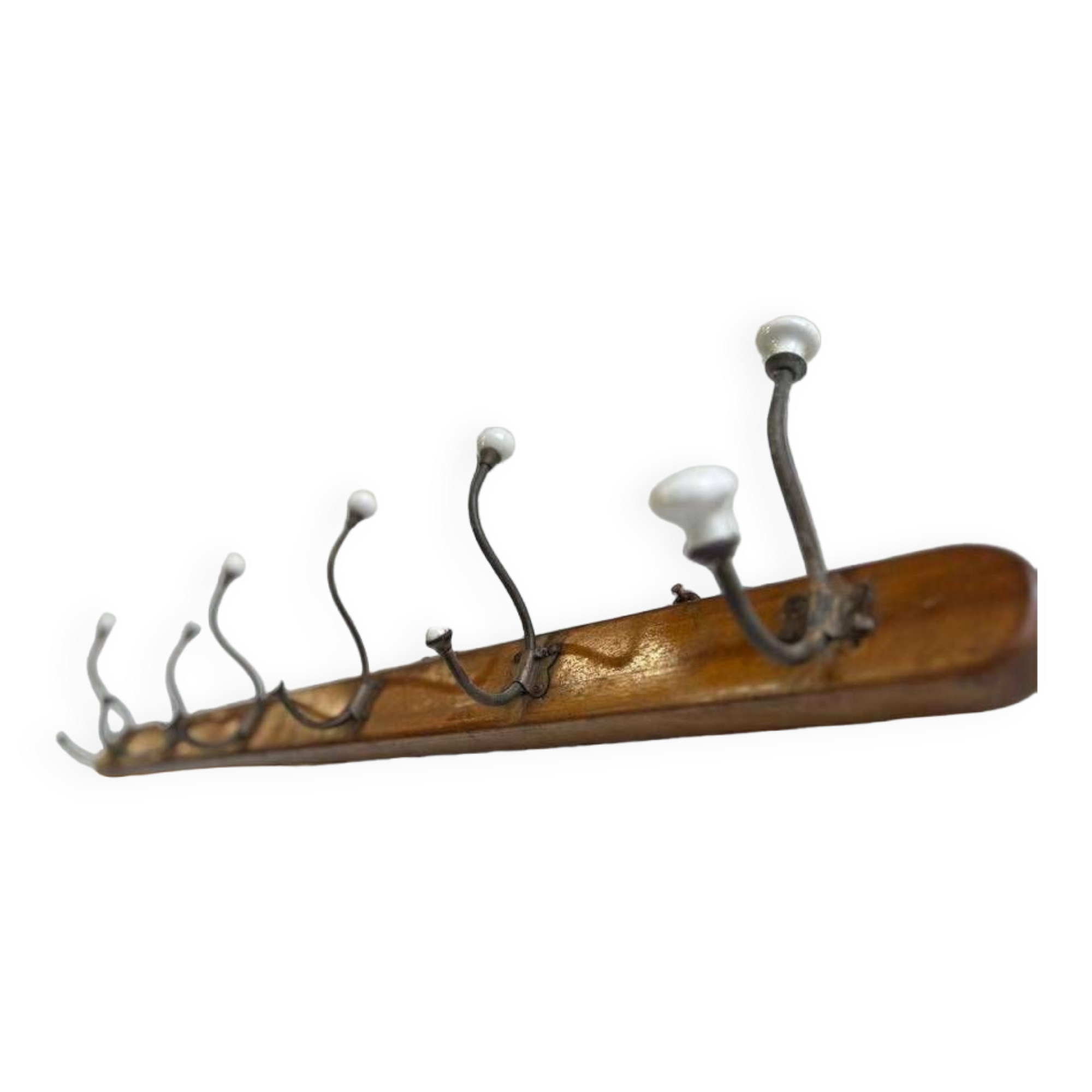 Vintage industrial wooden coat rack with porcelain hooks