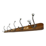 Vintage industrial wooden coat rack with porcelain hooks