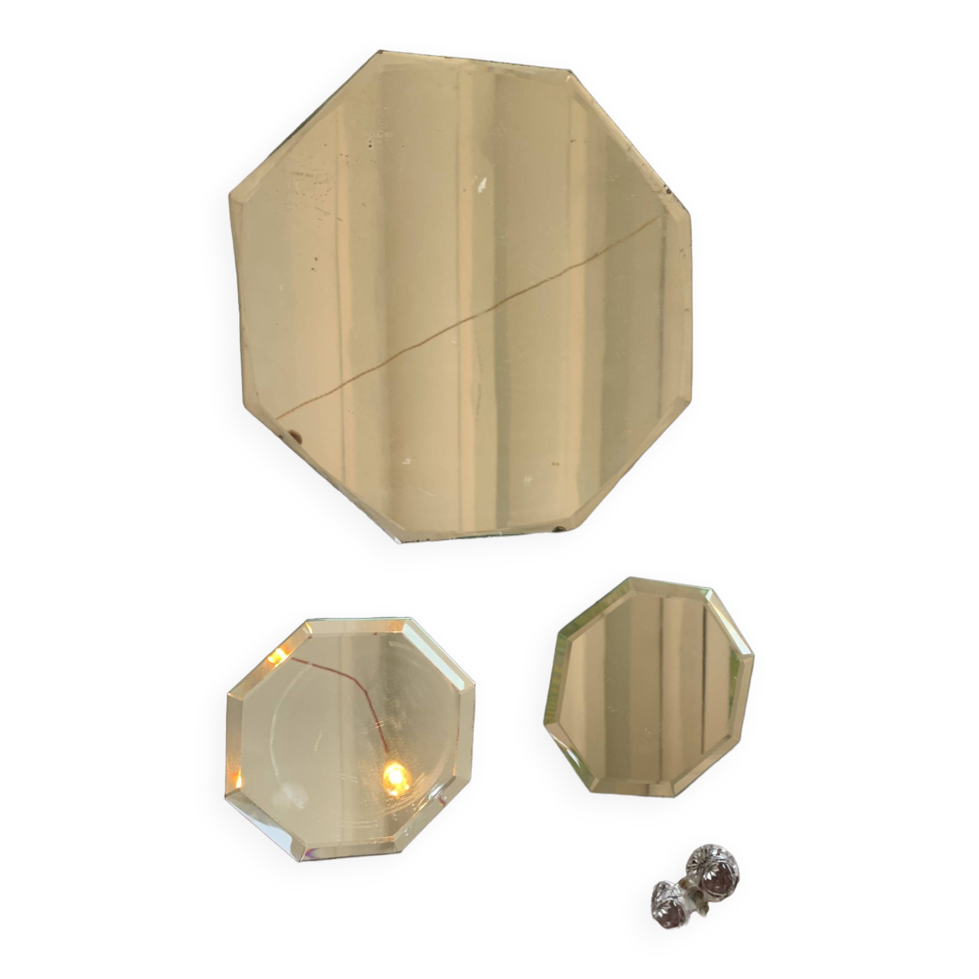Centerpiece and two coasters in old beveled mirror, art deco
