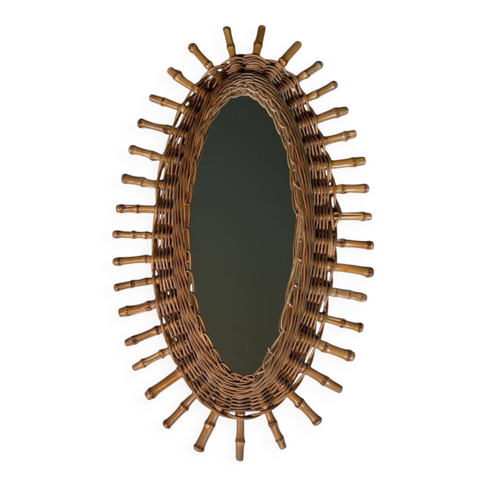 Oval Mirror in Rattan. Woven Willow and Bamboo. French Work from the Riviera.