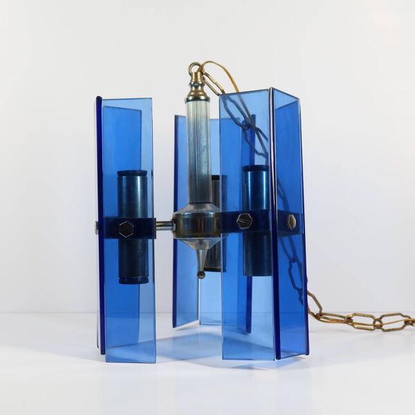 Suspension, lustre italien en verre bleu, style Fontana Arte, années 70