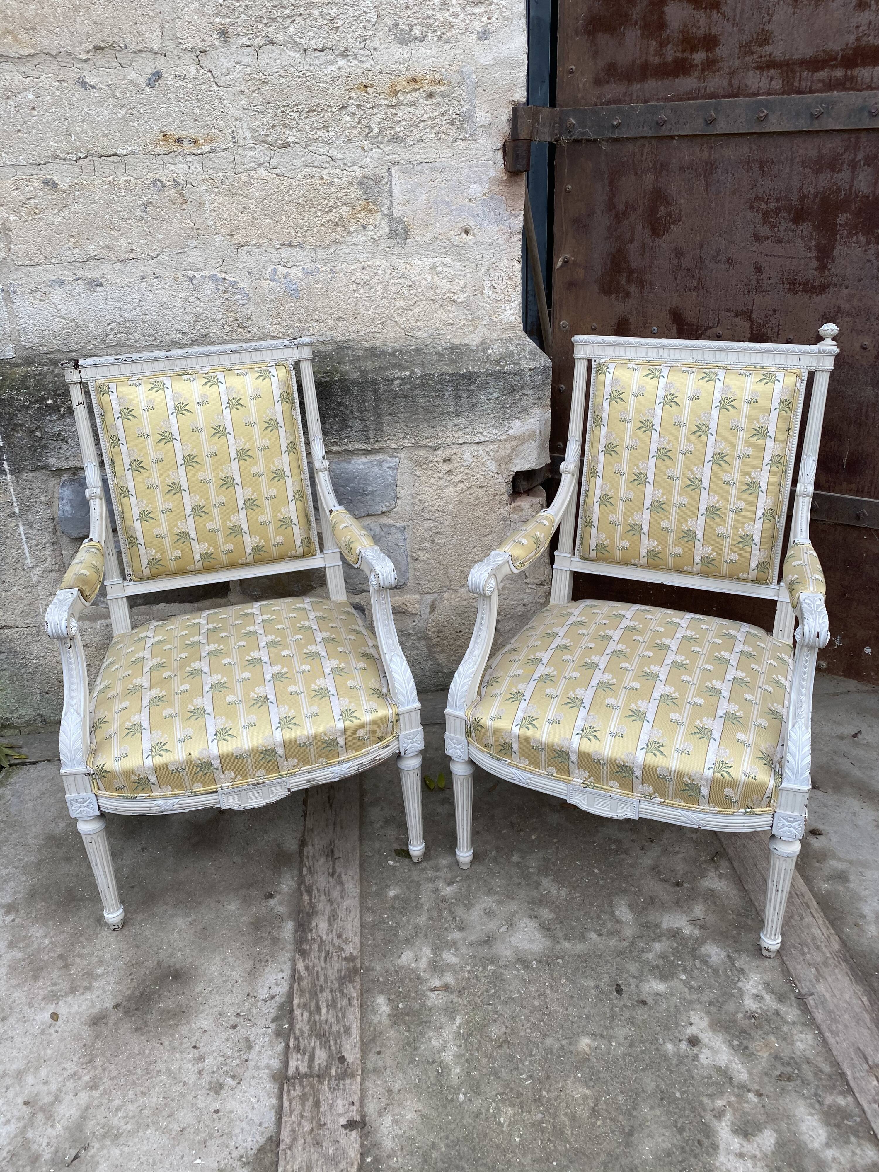 Pair of chairs shepherdesses Louis XVI patinated wood