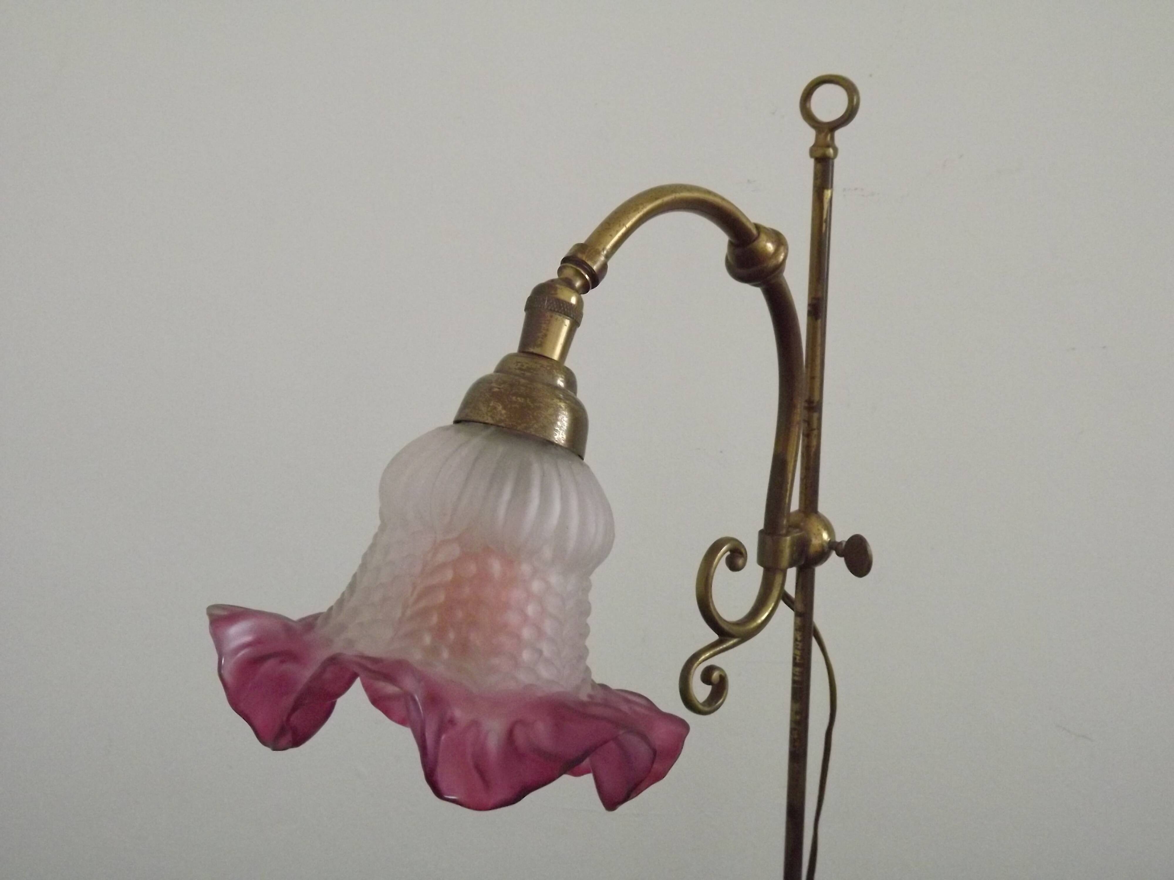 French Antique Brass Anglepoise Table Lamp Patterned Glass Pink Edged Shade 5131