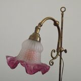 French Antique Brass Anglepoise Table Lamp Patterned Glass Pink Edged Shade 5131