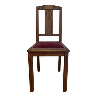 Art deco wooden chair with burgundy velvet seat